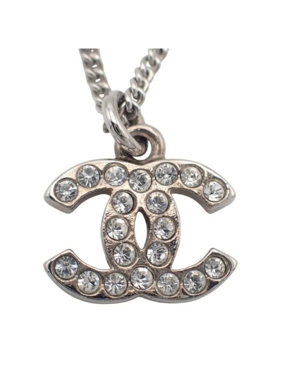 Chanel CC Logo Necklace Metal Crystal Silver Simple